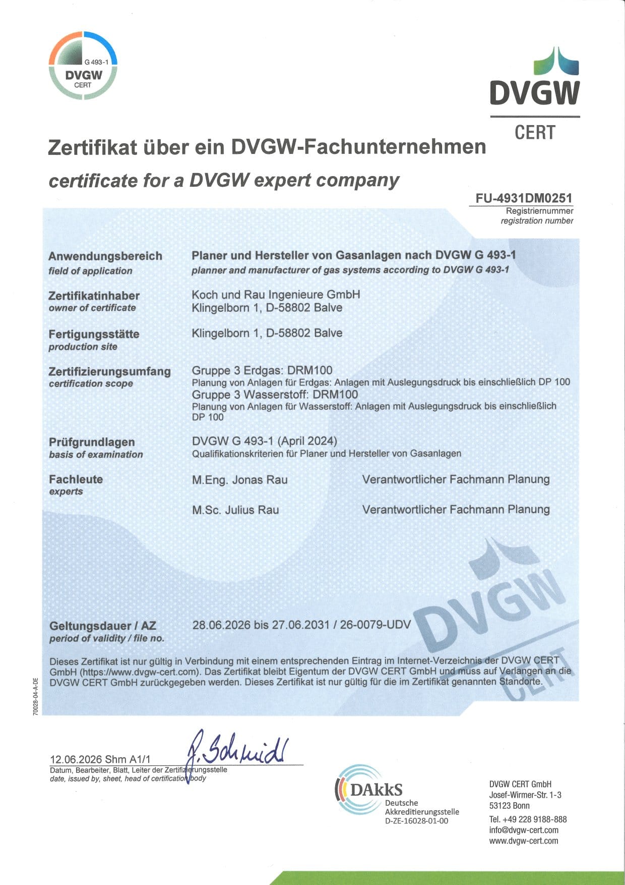 DVGW Zertifikat FU-4931DM0251 für Planer und Hersteller von Gasanlagen nach DVGW G 493-1, gültig 28.06.2026 bis 27.06.2031.